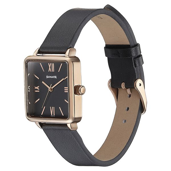 Sonata Quartz Analog Black Dial Black Leather Strap Watch For Women - image number 3