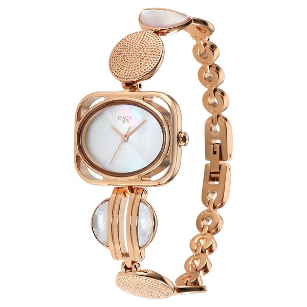 Titan Raga Power Pearls Quartz Analog Mother of Pearl Dial Rose Gold Metal Strap Rectangular Shaped Watch For Women - image number 4