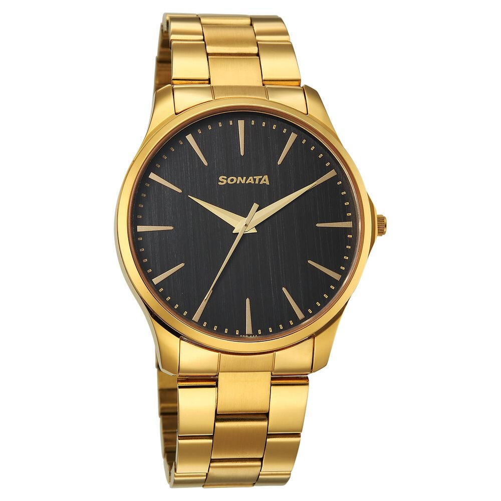 Sonata Traditional Essentials Quartz Analog Black Dial Golden Metal Strap Watch For Men-image-16