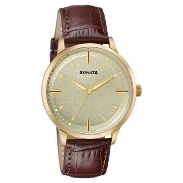 Sonata Jashn Quartz Analog Golden Dial Brown Leather Strap Watch For Men