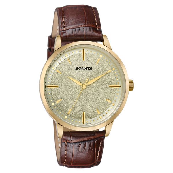 Sonata Jashn Quartz Analog Golden Dial Brown Leather Strap Watch For Men - image number 1
