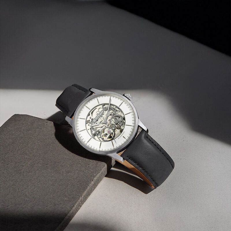 Titan Automatic Silver Dial Black Leather Strap Watch for Men