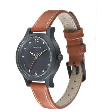Sonata Essentials Black Dial Women Watch With Leather Strap