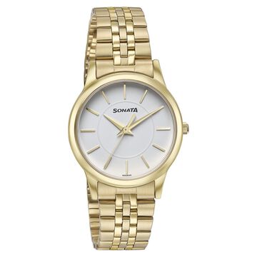 Sonata Glam Gold Quartz Analog White Dial Stainless Steel Strap Watch For Women