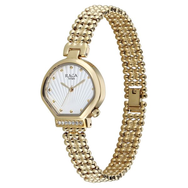 Titan Raga Spotlight Quartz Analog White Dial Golden Metal Strap Watch For Women - image number 2