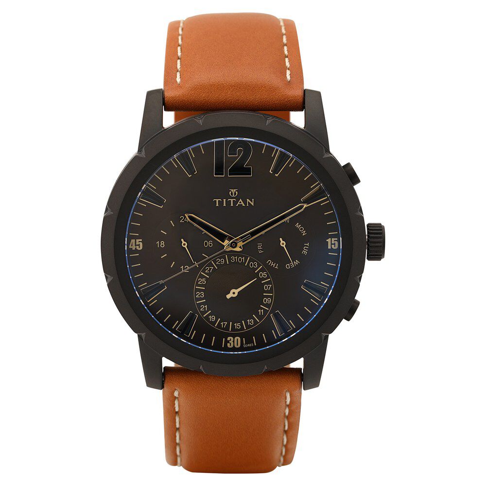 Buy Online Titan Quartz Multifunction Black Dial Leather Strap