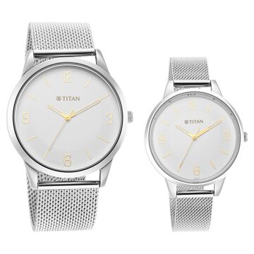 Titan Quartz Analog White Dial Stainless Steel Strap Watch for Couple