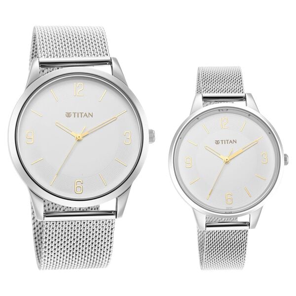 Titan Quartz Analog White Dial Stainless Steel Strap Watch for Couple - image number 0