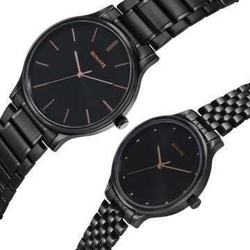 Sonata Pair Quartz Analog Black Dial Stainless Steel Strap Watch for Couple