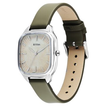 Titan Workwear Quartz Analog White Dial Green Leather Strap Watch For Women