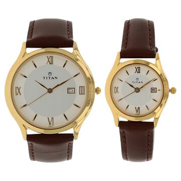 Titan Quartz Analog with Date Silver Dial Leather Strap Watch for Couple