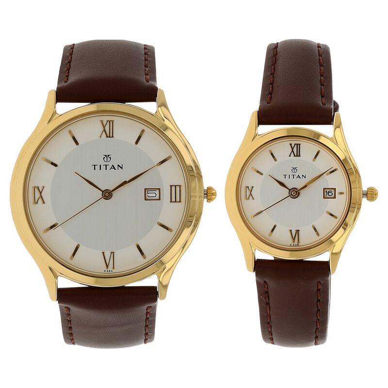 Titan Quartz Analog with Date Silver Dial Leather Strap Watch for Couple - image number 0