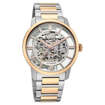 Titan See-Through Skeletal Automatic Analog with White Dial Bimetal Rose Gold & Steel Strap Watch for Men