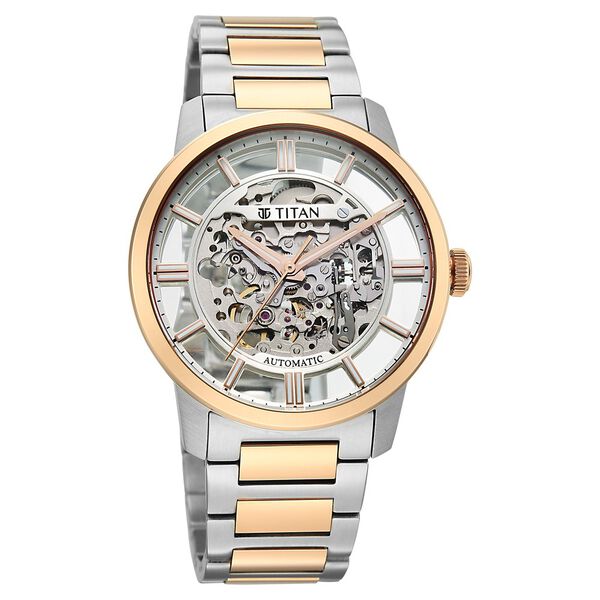 Titan See-Through Skeletal Automatic Analog with White Dial Bimetal Rose Gold & Steel Strap Watch for Men - image number 1