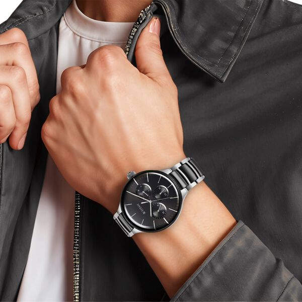 Titan Ceramic Fusion Quartz Multifunction Black Dial Silver Dual-Toned Stainless Steel Bracelet Watch for Men - image number 6