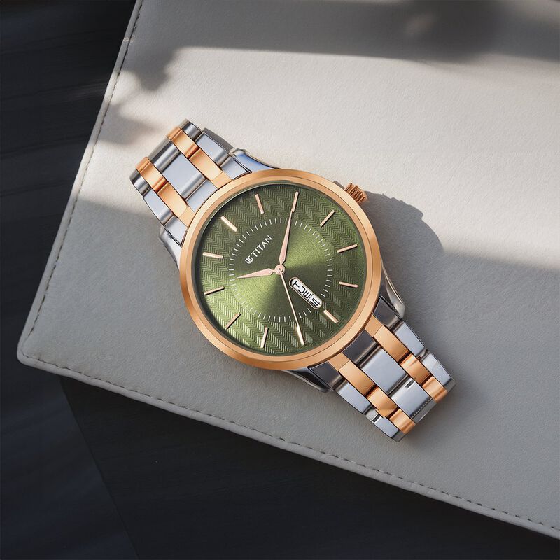 Titan Quartz Analog Green Dial Stainless Steel Strap Watch for Men