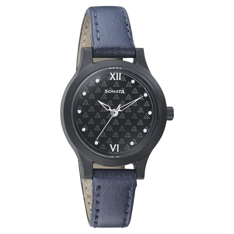 Sonata Essentials Black Dial Women Watch With Leather Strap