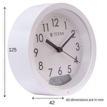 Titan Alarm Clock - Analog Round Table Clock With Digital Lcd Screen For Temperature Humidity, White Dial And Case