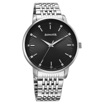 Sonata Eternia Quartz Analog Black Dial Metal Strap Watch For Men