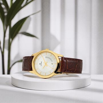 Titan Quartz Analog with Date Silver Dial Leather Strap Watch for Men