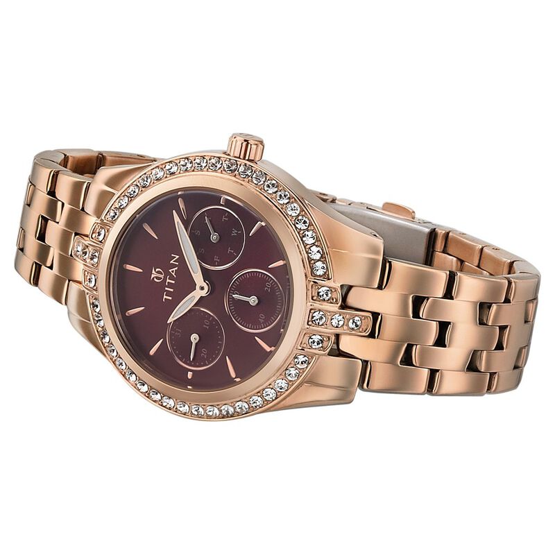 Titan Quartz Multifunction Maroon Dial Stainless Steel Strap Watch for Women - image number 2