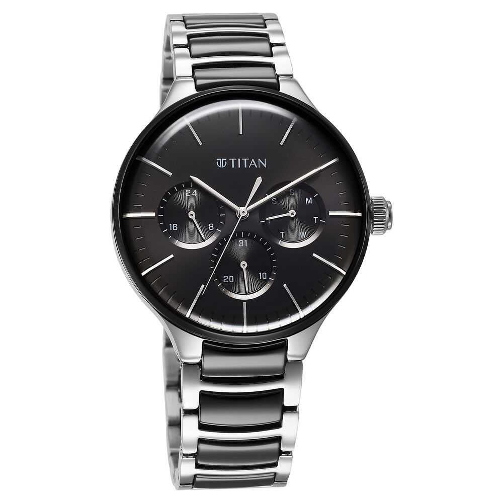 Buy Online Titan Ceramic Fusion Quartz Multifunction Black Dial Silver Dual Toned Stainless Steel Bracelet Watch for Men ns90148kd01 Titan