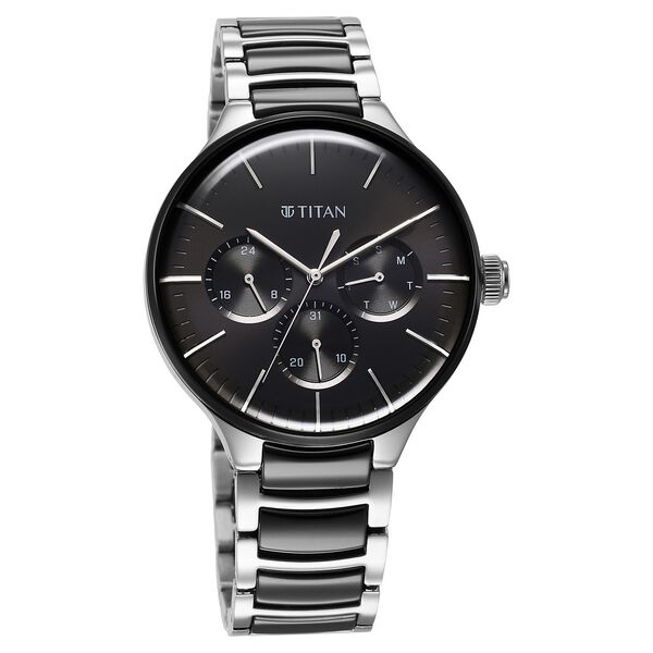 Titan Ceramic Fusion Quartz Multifunction Black Dial Silver Dual-Toned Stainless Steel Bracelet Watch for Men - image number 0