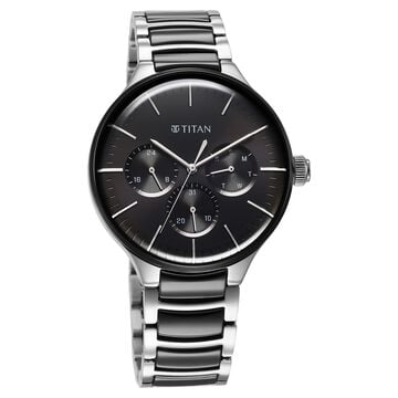 Titan Ceramic Fusion Quartz Multifunction Black Dial Silver Dual-Toned Stainless Steel Bracelet Watch for Men