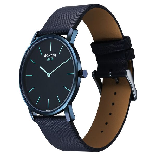 Sonata Sleek Quartz Analog Blue Dial Blue Leather Strap Watch For Men