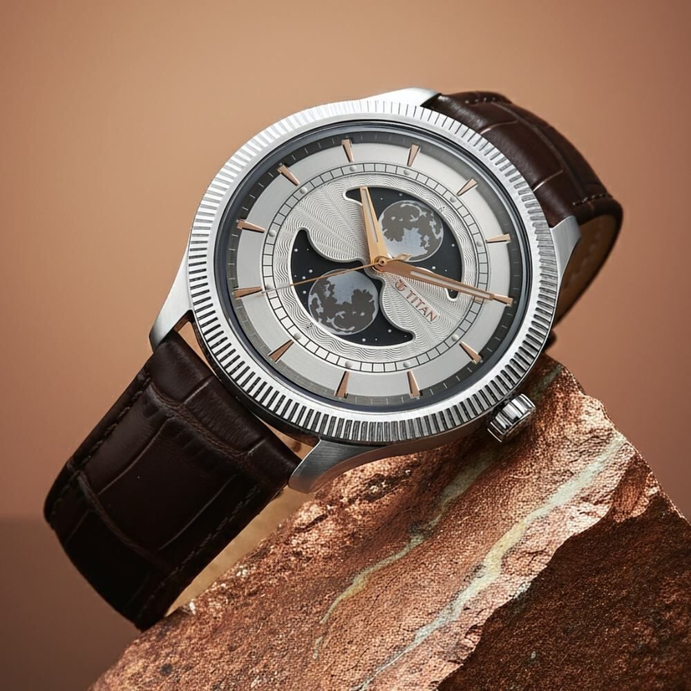 Titan Stellar Analog with Dual Moon Phase and Silver Dial Brown Leather Strap Watch for Men-image-31