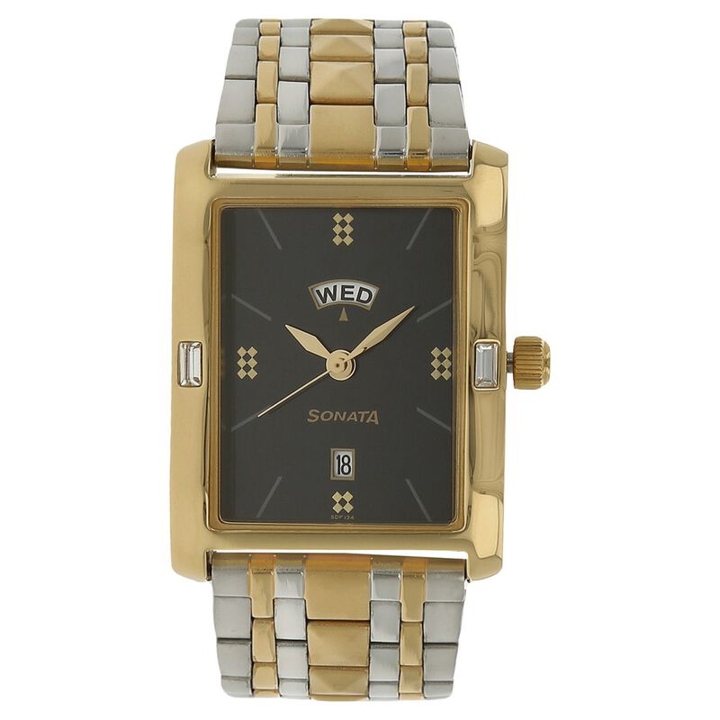 Sonata Quartz Analog with Day and Date Black Dial Stainless Steel Strap Watch for Men