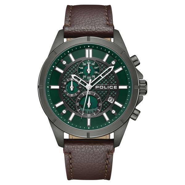 Police Chronograph Green Dial Brown Color Leather Strap Watch For Men - image number 0