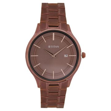 Titan Classique Slimline Brown Dial Analog with Day and Date Stainless Steel Strap Watch for Men