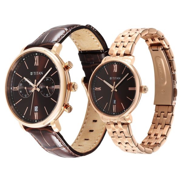 Titan Bandhan Quartz Analog with Date Brown Leather and Stainless Steel Strap for Couple - image number 2
