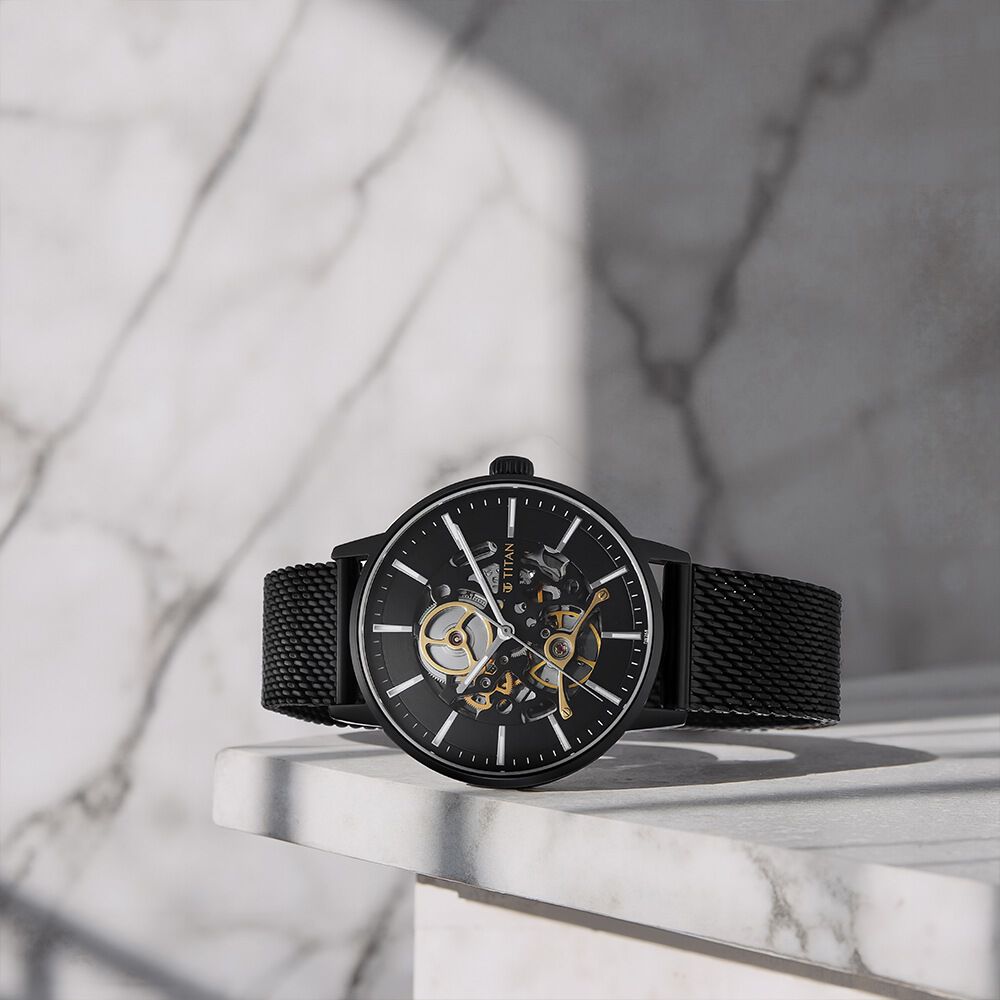Buy Online Titan Mechanical Slimline Black Dial Black Mesh Strap