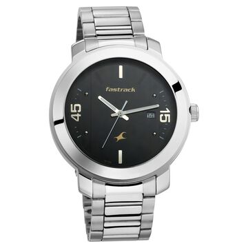 Fastrack Bare Basics Quartz Analog with Date Black Dial Stainless Steel Strap Watch for Guys