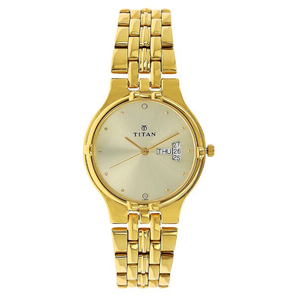 Titan Quartz Analog with Day and Date Champagne Dial Stainless Steel Strap Watch for Men - image number 0