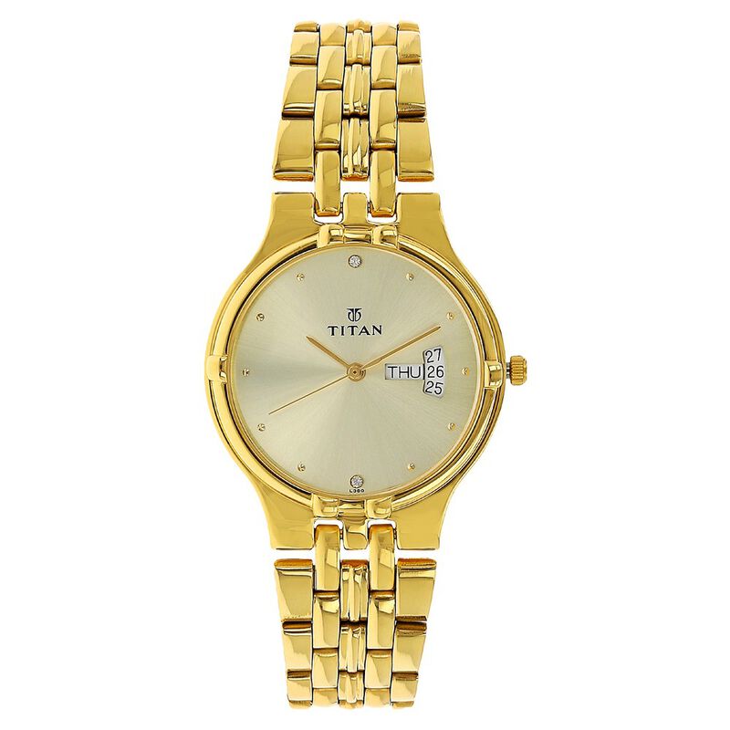Titan Quartz Analog with Day and Date Champagne Dial Stainless Steel Strap Watch for Men