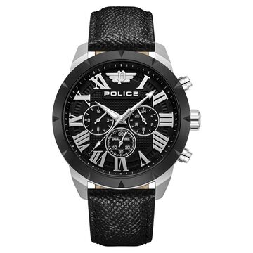 Police Quartz Multifunction Black Dial Black Leather Strap Watch For Men