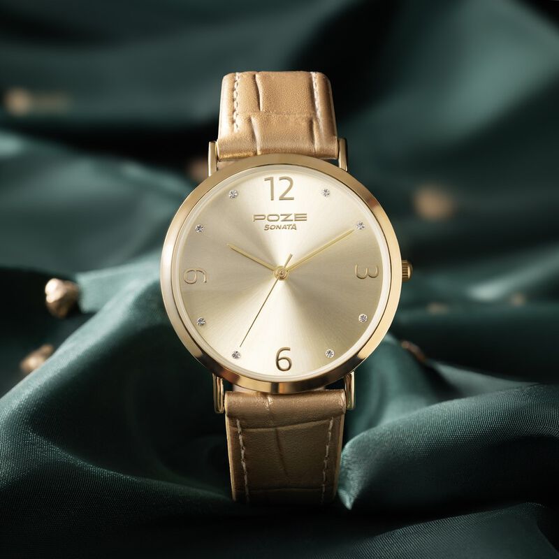 Sonata Poze Quartz Analog Golden Dial Leather Strap Watch for Women