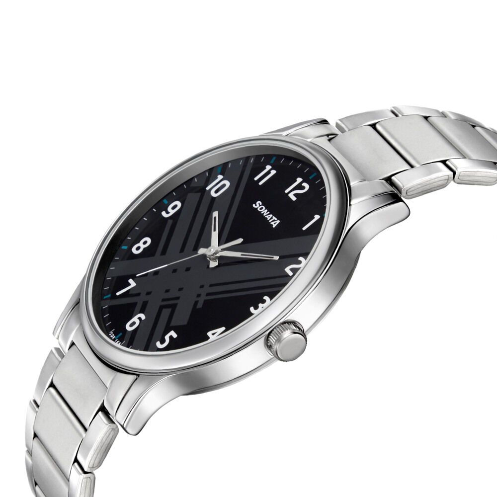 Buy Online Sonata Smart Plaid Quartz Analog Black Dial Stainless