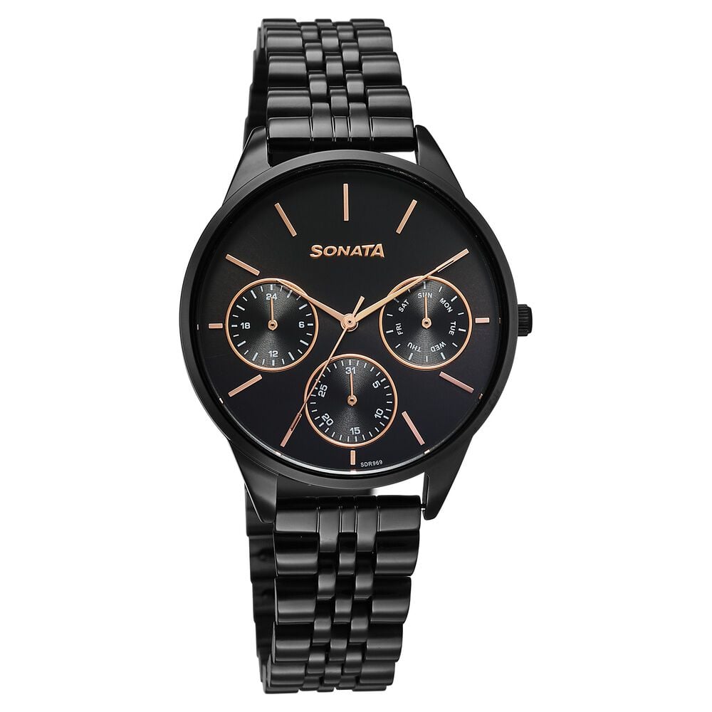 Sonata Eternia Quartz Multifunction Black Dial Metal Strap Watch For Women-picture-11