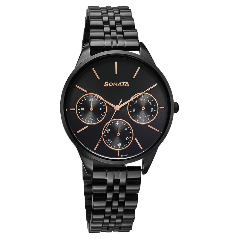 Sonata Eternia Quartz Multifunction Black Dial Metal Strap Watch For Women