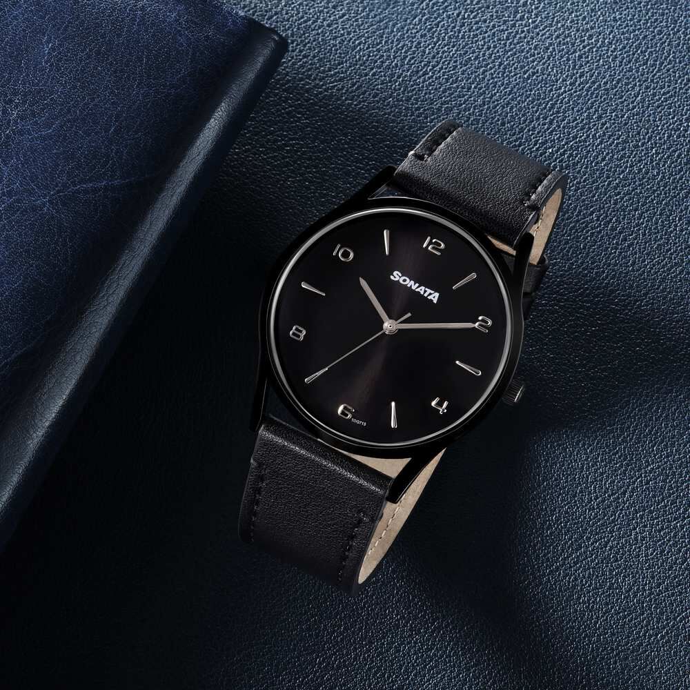 Buy Online Sonata Quartz Analog Black Dial Black Leather Strap Watch For Men 77140nl01 Titan