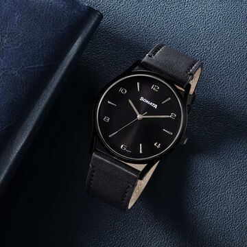 Sonata Quartz Analog Black Dial Black Leather Strap Watch For Men