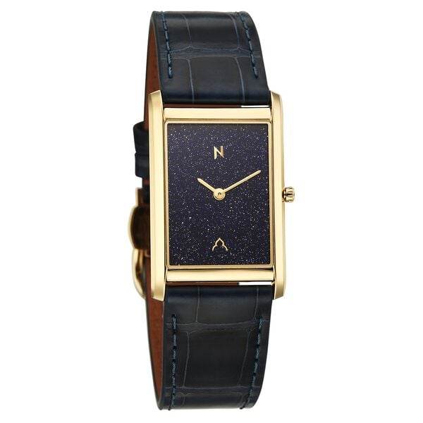 Titan Nebula Amer Stone 18 KT Gold Quartz Analog Aventurine Dial Blue Leather Strap Watch For Men - image number 1