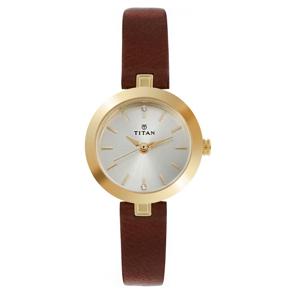 Buy Online Titan Quartz Analog Champagne Dial Leather Strap Watch for Women nn2598yl01 Titan
