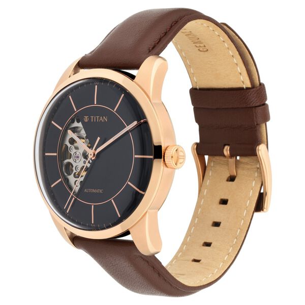 Titan Automatic Sectoral Black Dial Brown Leather Strap Watch for Men - image number 3