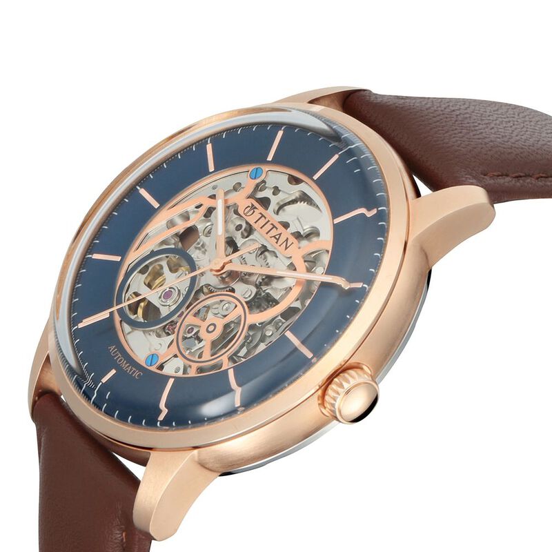 Buy Online Titan Automatic Blue Dial Leather Strap watch for Men
