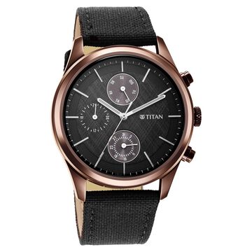 Titan Men's Infinity Chrono watch: Precise Blue Dial, Rose Gold Highlights, Durable Leather Strap